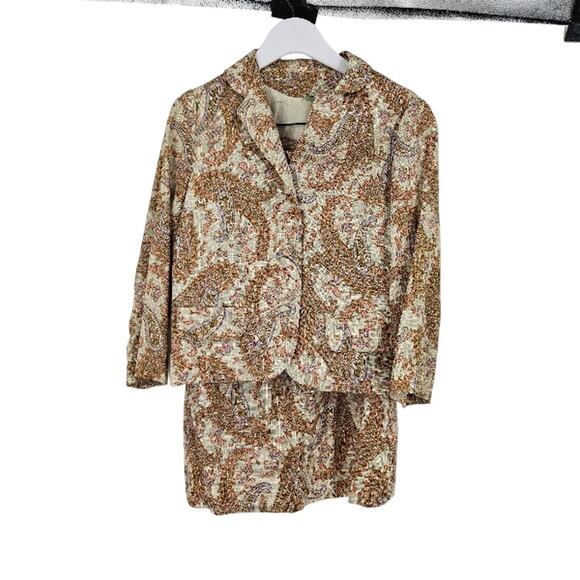 Vintage Jackets & Blazers - Vitange 70s Skirt Set Brown Button Down Long Sleeve Paisley Mod Secretary Sz 10